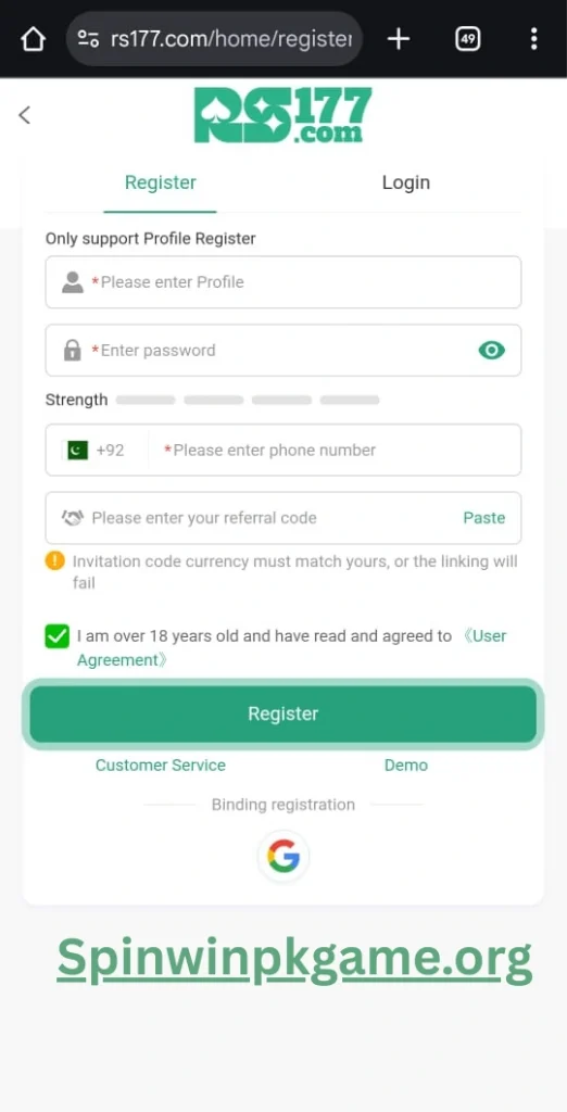RS177 game register screen with sign up form for creating a new player account