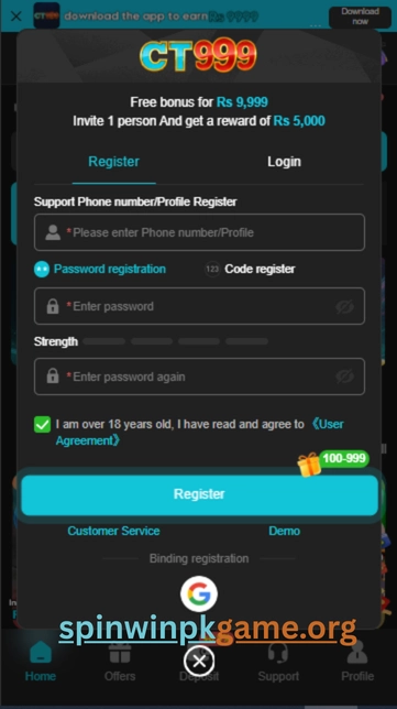 CT999 game register screen with sign up form for creating a new player account