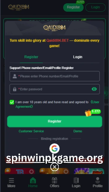 Qaidi804 game register screen with sign up form for creating a new player account