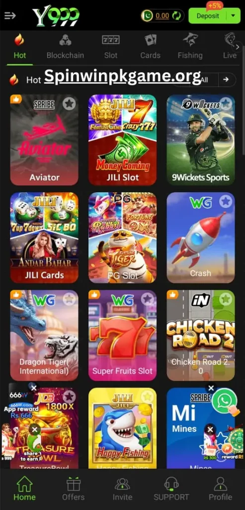 Y999 game dashboard showing user account balance, games menu, promotions, and betting options