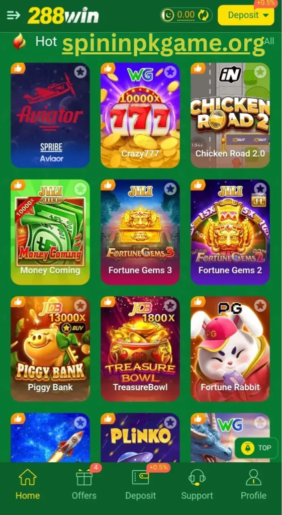 288win game dashboard showing user account balance, games menu, promotions, and betting options