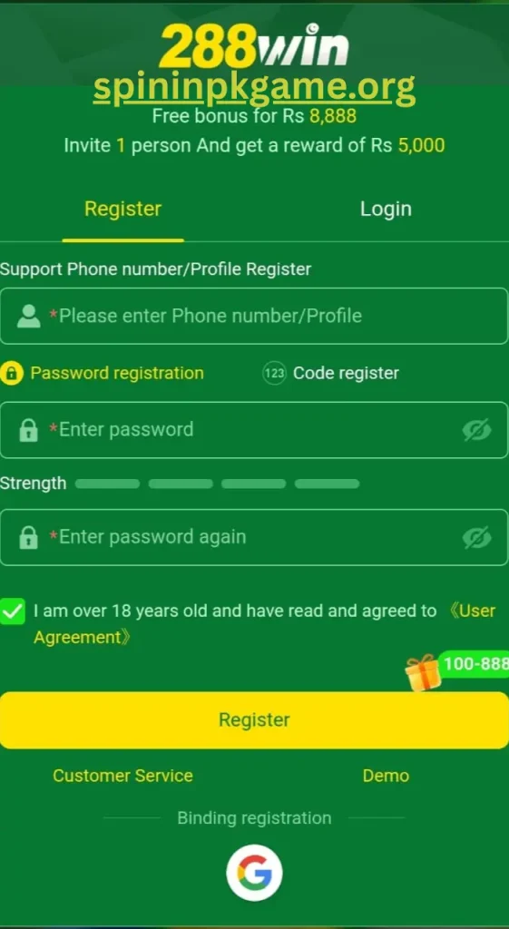 288win game register screen with sign up form for creating a new player account