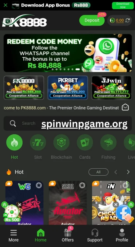 PK8888 game dashboard showing user account balance, games menu, promotions, and betting options