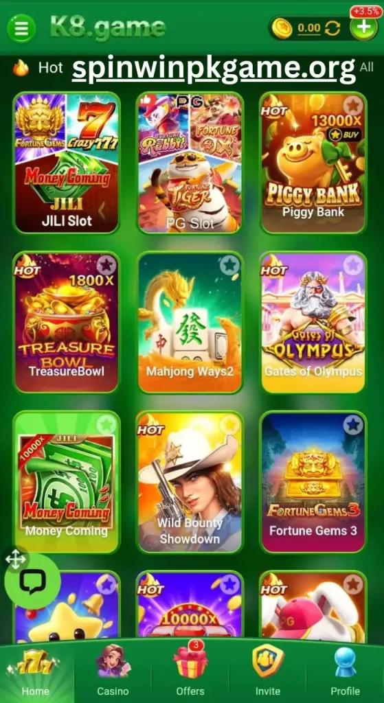 k8 game dashboard showing user account balance, games menu, promotions, and betting options