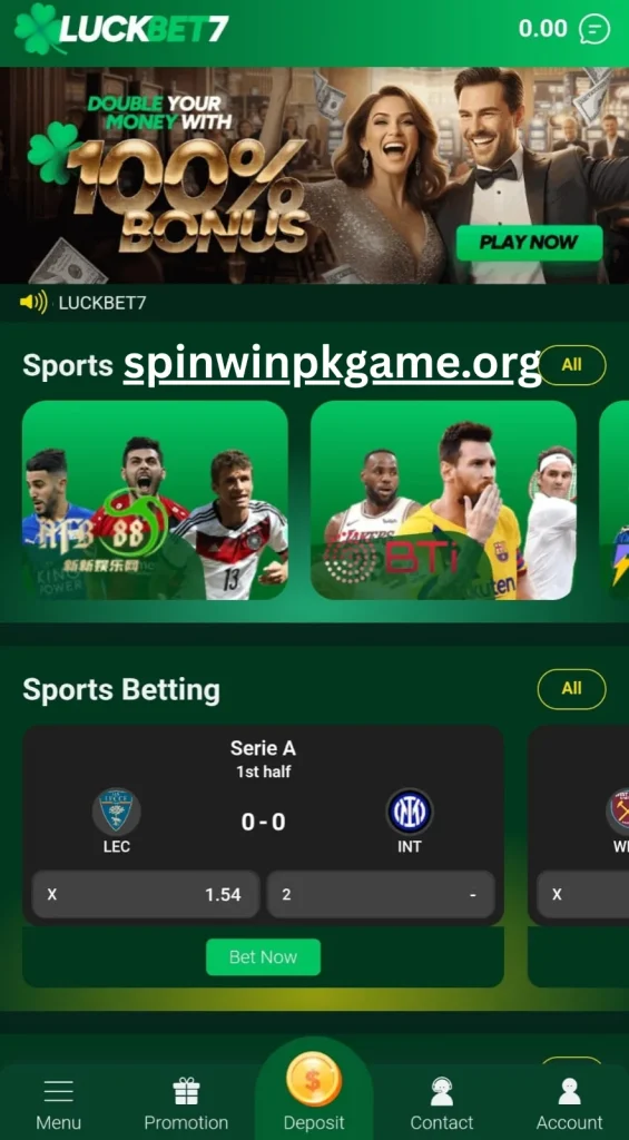 Luckbet7 game dashboard showing user account balance, games menu, promotions, and betting options