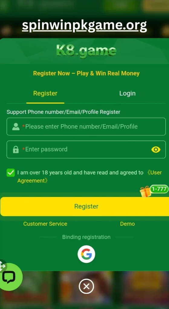 K8 game register screen with sign up form for creating a new player account
