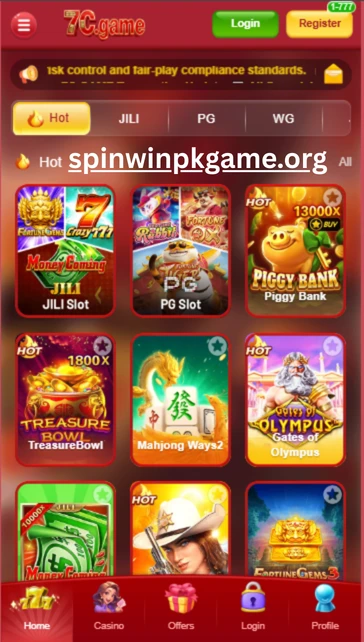 7c game dashboard showing user account balance, games menu, promotions, and betting options