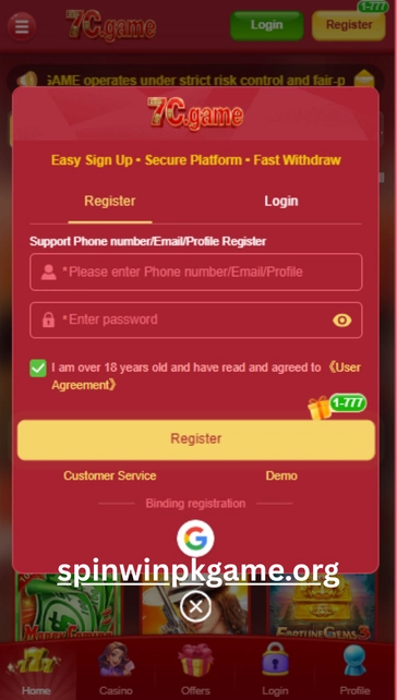 7c game register screen with sign up form for creating a new player account