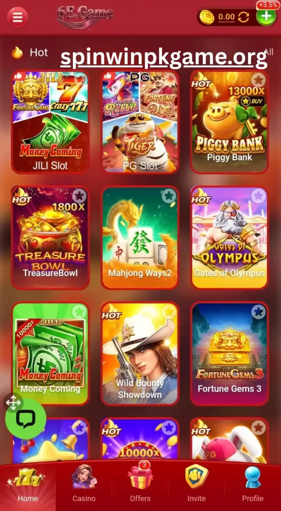 6e game dashboard showing user account balance, games menu, promotions, and betting options