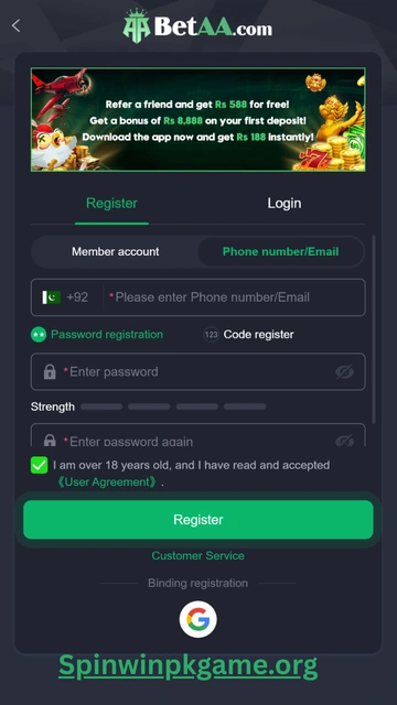 bet aa game registration page showing signup form for new users.