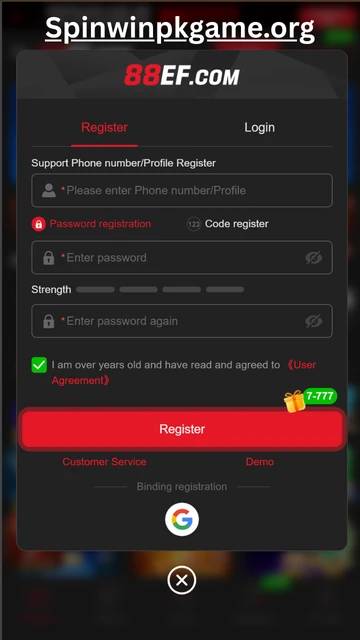 88ef game register screen with sign up form for creating a new player account