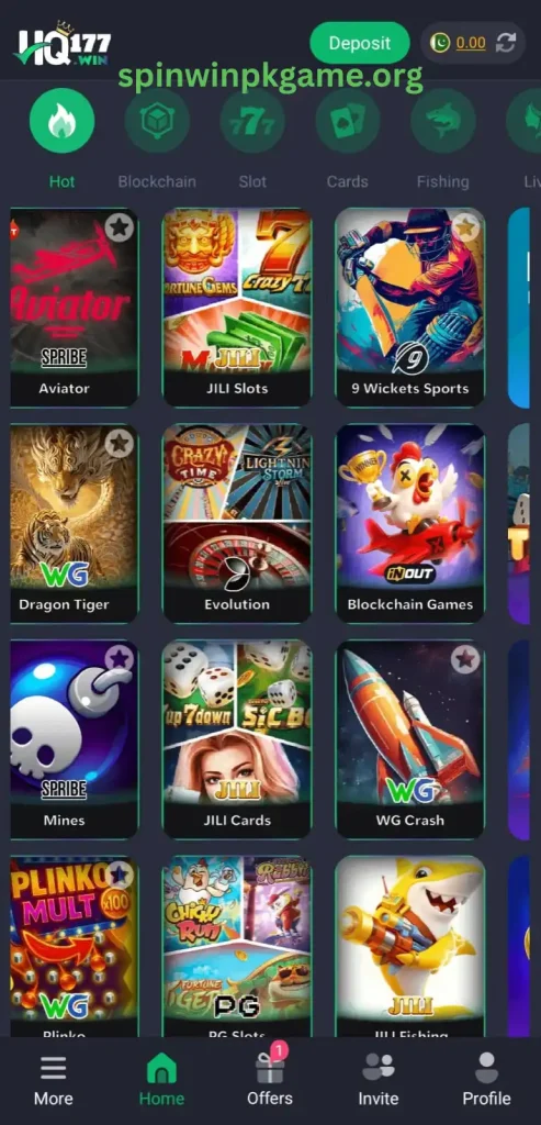 Hq177 game dashboard showing user account balance, games menu, promotions, and betting options