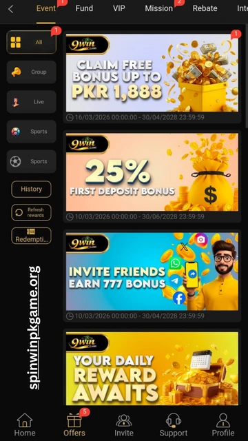 9win game event and promotion showing list of events and promotions in the game.