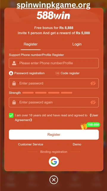 588Win game register screen with sign up form for creating a new player account